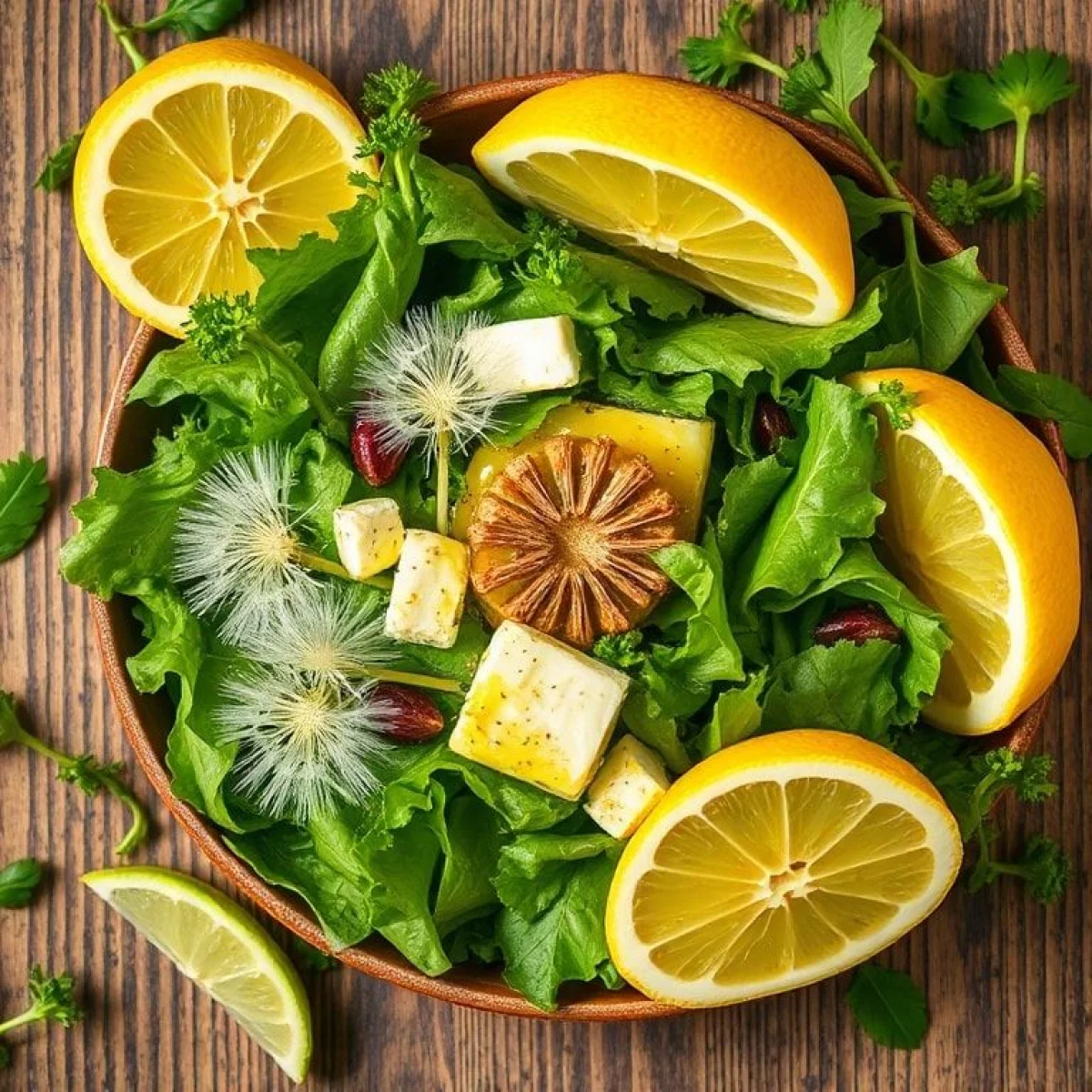 Liście mniszka lekarskiego, cytryna, mi&oacute;d, ser, sałatka, zdrowe składniki, widok z g&oacute;ry.
