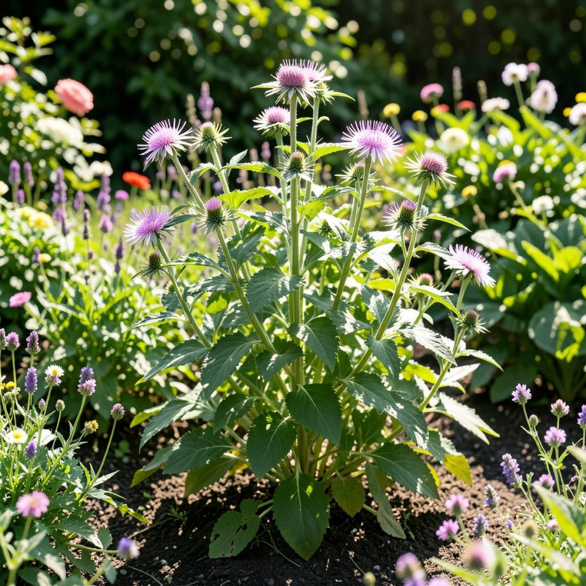 Ostropest plamisty rosnący w słonecznym ogrodzie, zdrowy i żywotny.