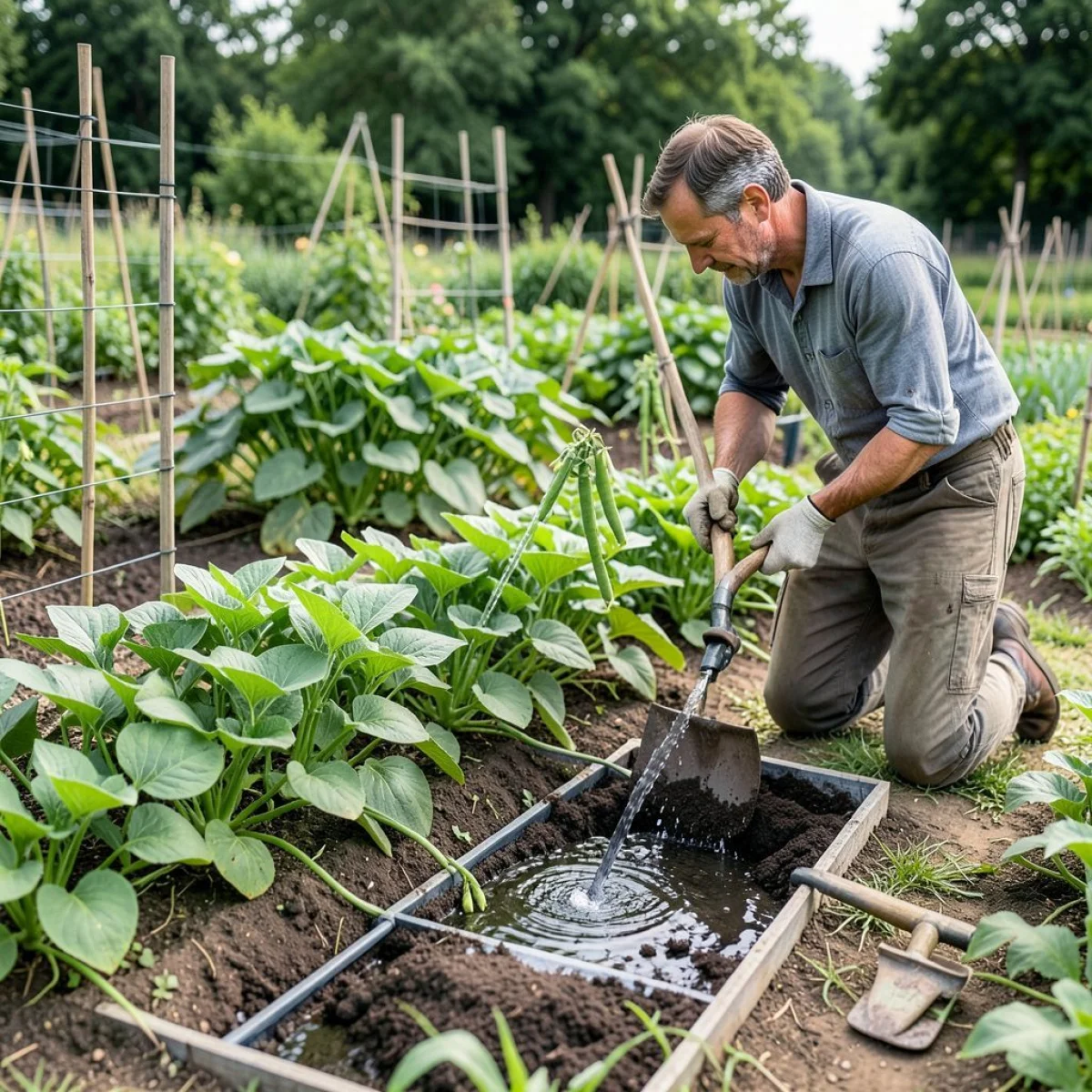 Groszek, grządka, zbiory, tradycyjne narzędzia rolnicze, nowoczesny system nawadniania.