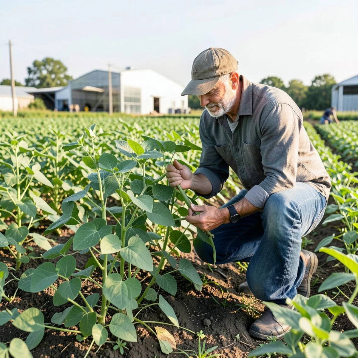 Roślina grochu na polu, rolnik doceniający jej plony, tło nowoczesnego gospodarstwa.