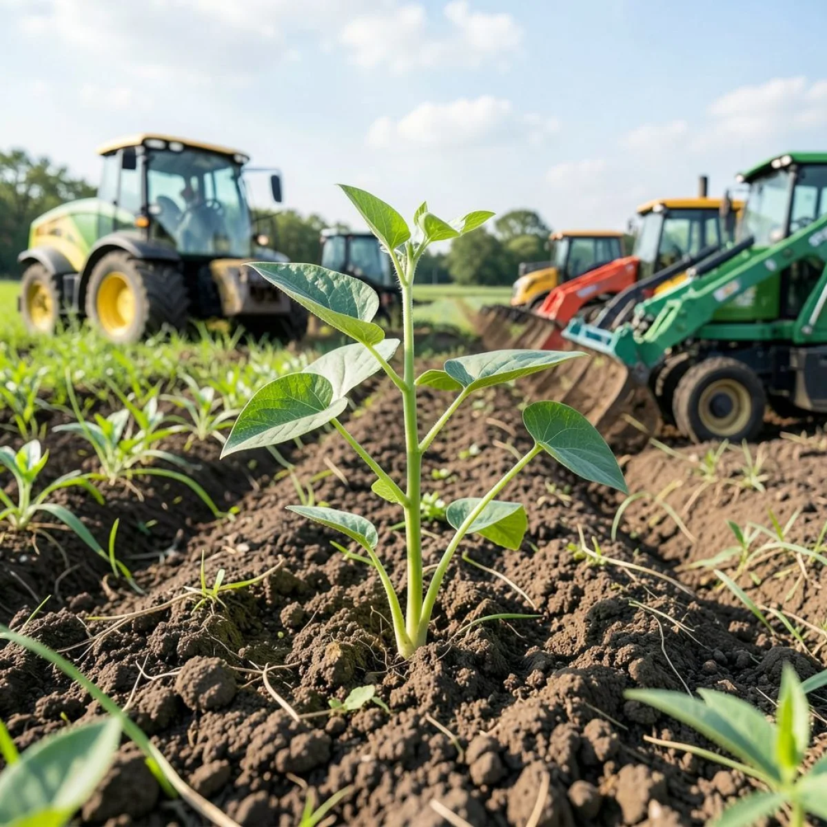 Sadzonka grochu w fazie wzrostu, zestawiona z nowoczesnymi maszynami rolniczymi.