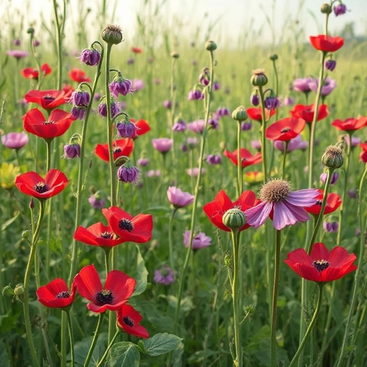 Gęste kępy peluszki z purpurowymi kwiatami i strąkami na polu uprawnym