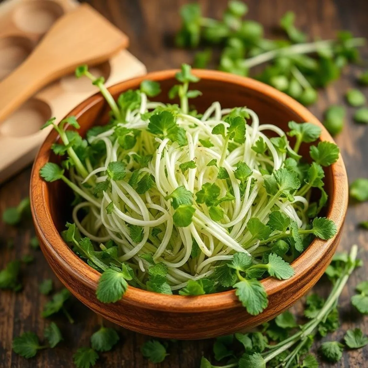 Świeże kiełki rzeżuchy w drewnianej misce, zioła kuchenne rozsypane wokół.