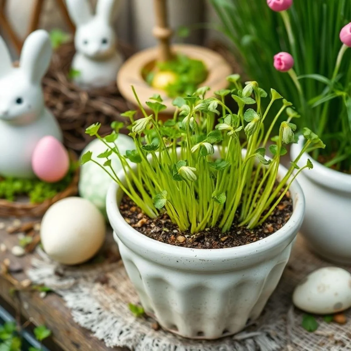 Kiełki rzeżuchy rosnące w ceramicznej doniczce, w pobliżu wielkanocne dekoracje.