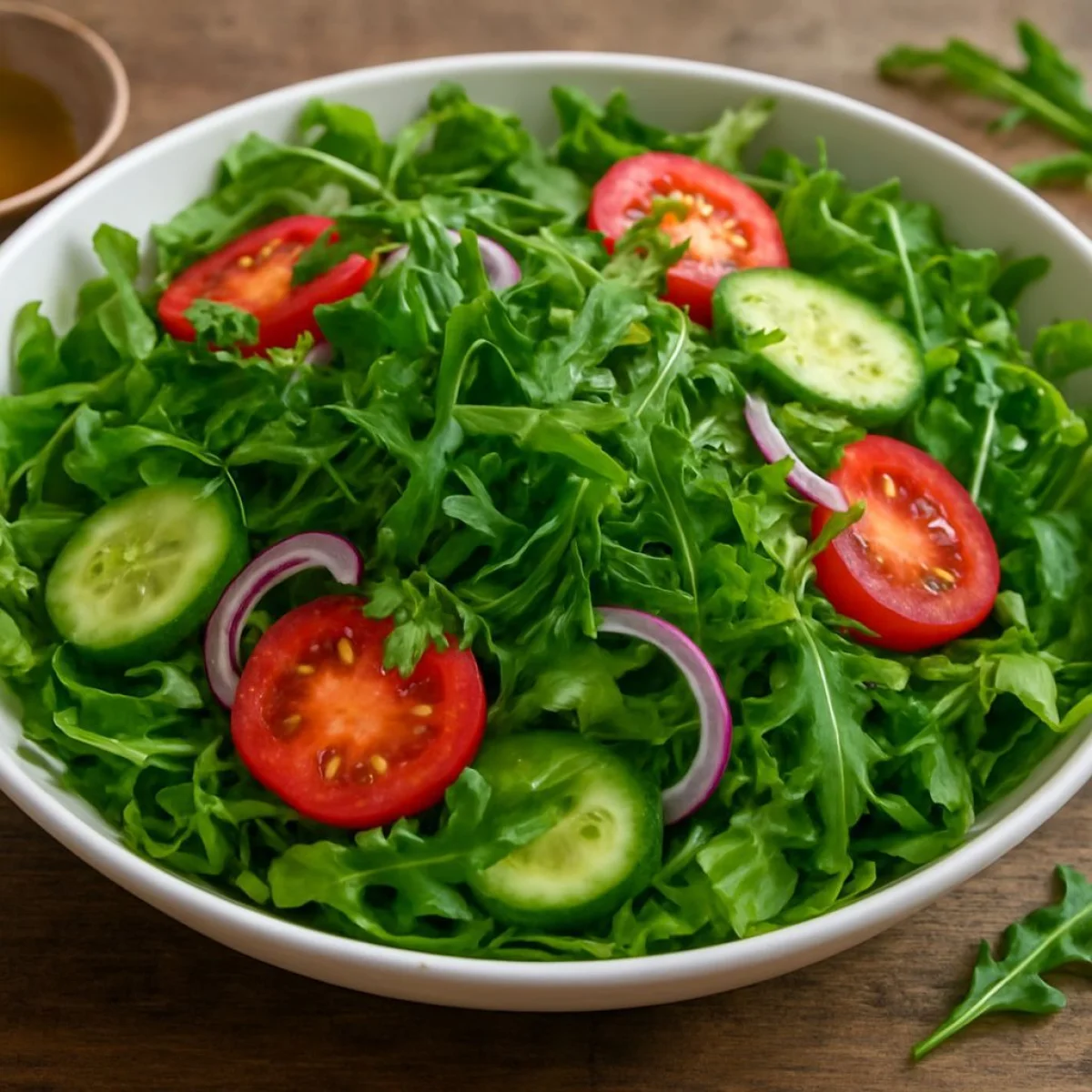 Sałatka z rukoli ze świeżymi warzywami, ziołami i dressingiem z oliwy z oliwek.