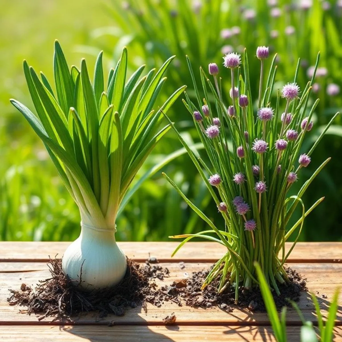 Cienkie rurkowate liście szczypiorku i grube puste w środku liście szczypior rozłożone obok siebie pokazuj