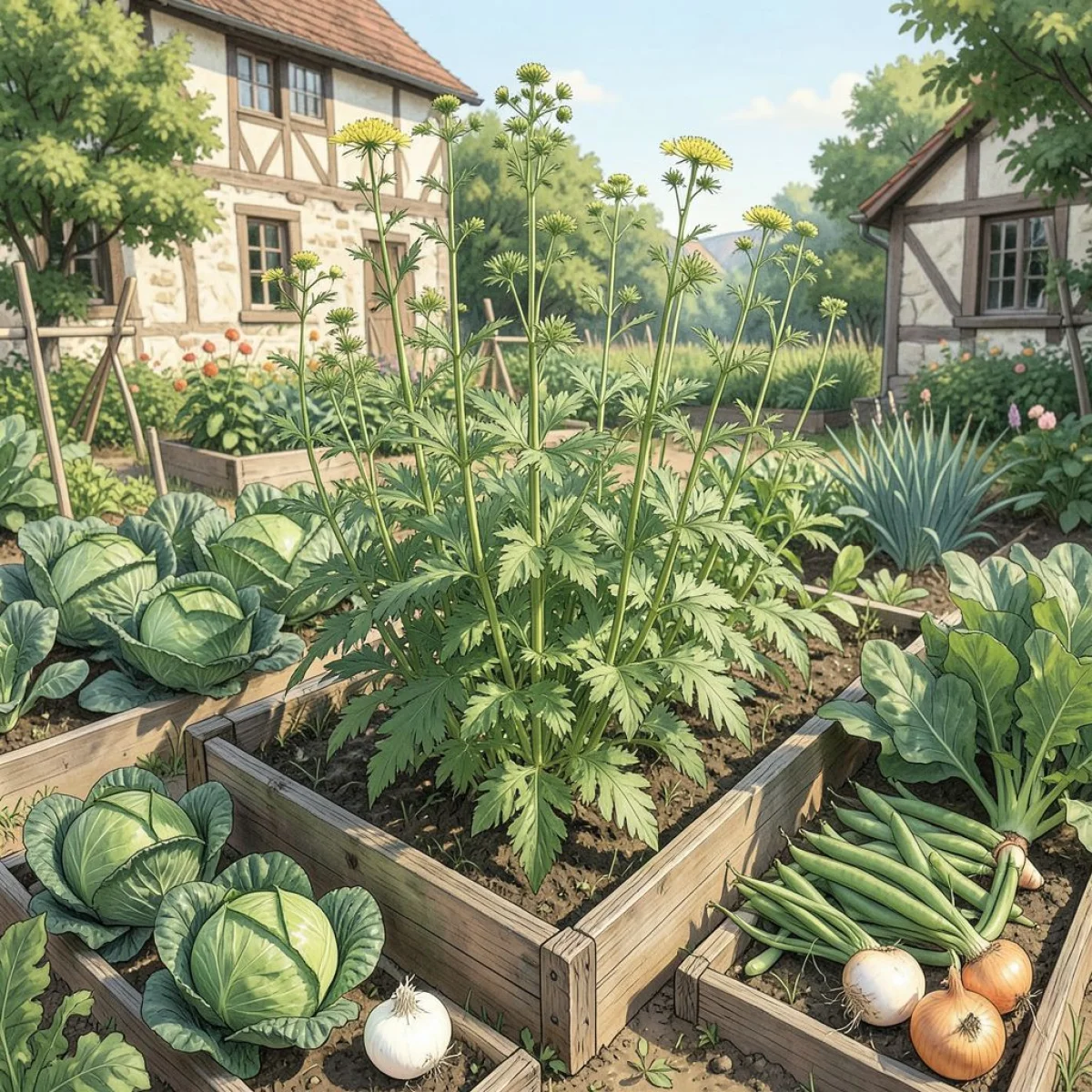 Wysoka bylina serdecznika z wcięтыми liśćmi i różowofioletowymi kwiatami rośnie przy płocie na obrzeżach po