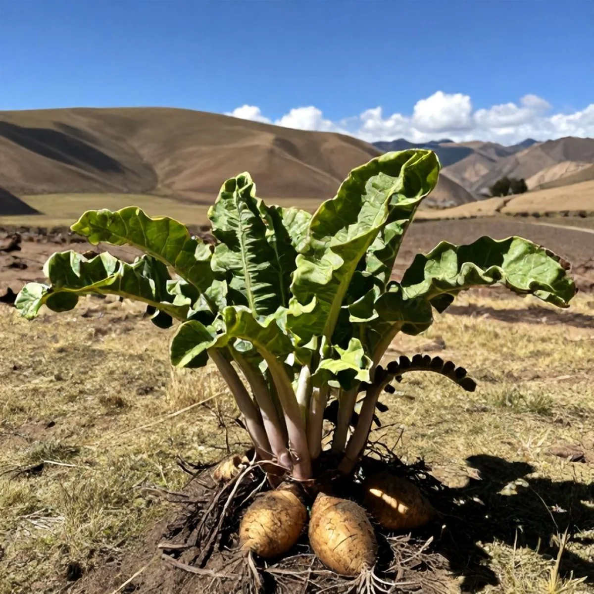 Roślina oca z bulwami, w tle krajobrazu And&oacute;w, jasne światło słoneczne.