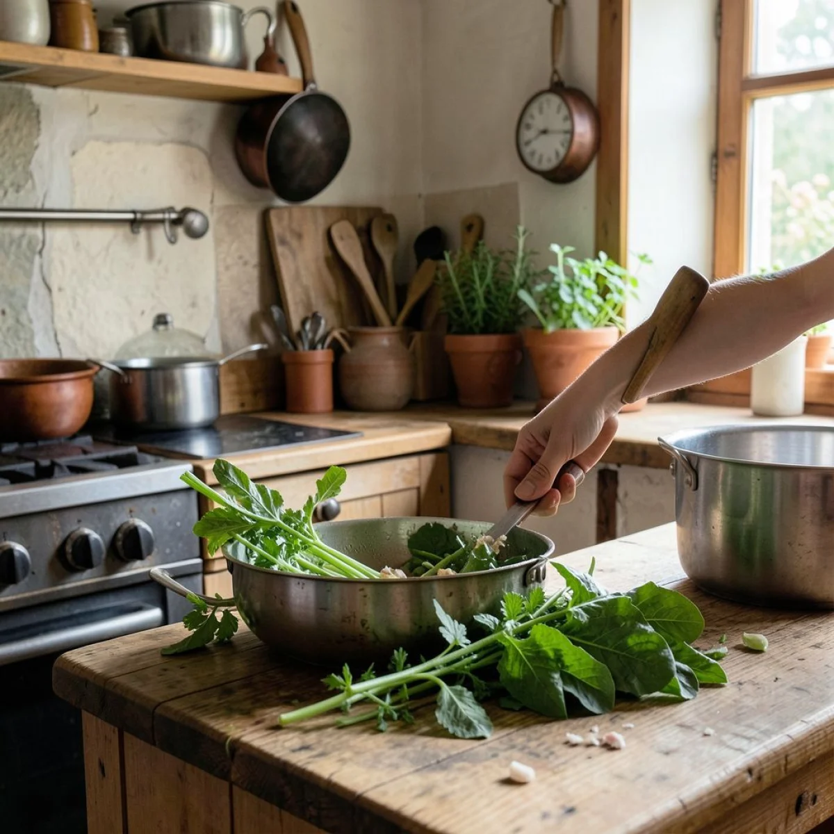 Kwaśne liście szczawiu w rustykalnej polskiej kuchni, gotowe do gotowania.