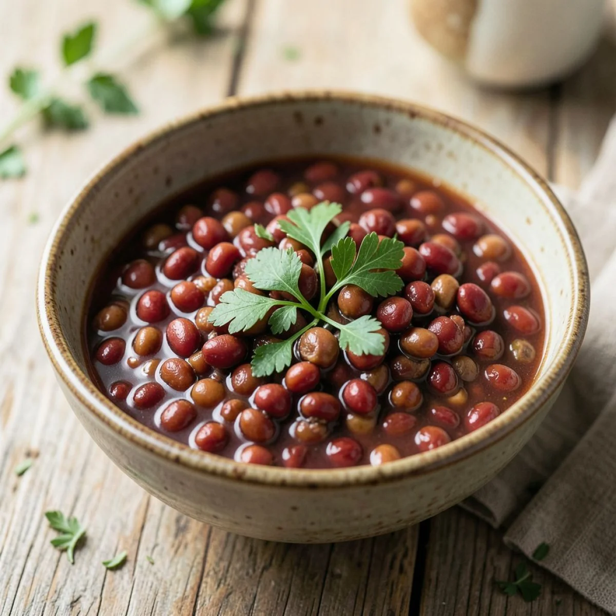 Gotowana czerwona soczewica w rustykalnej misce, udekorowana ziołami.