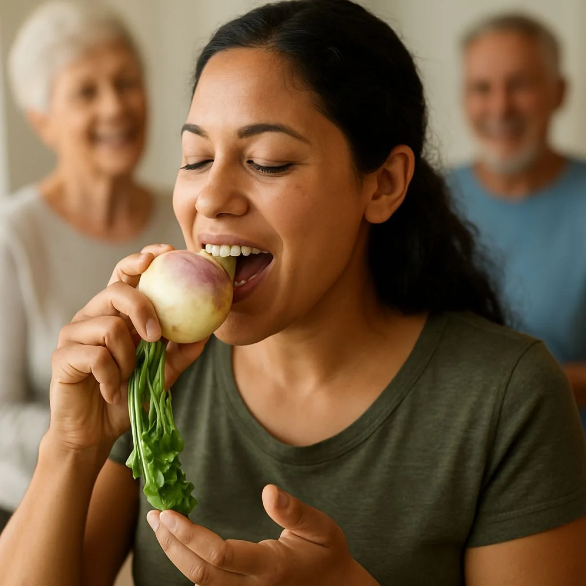 Kobieta jedząca rzepę, mocne kości, różne grupy wiekowe, zdrowy styl życia.