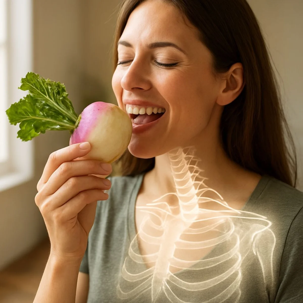 Kobieta jedząca rzepę, mocne kości promieniujące zdrowiem i witalnością.
